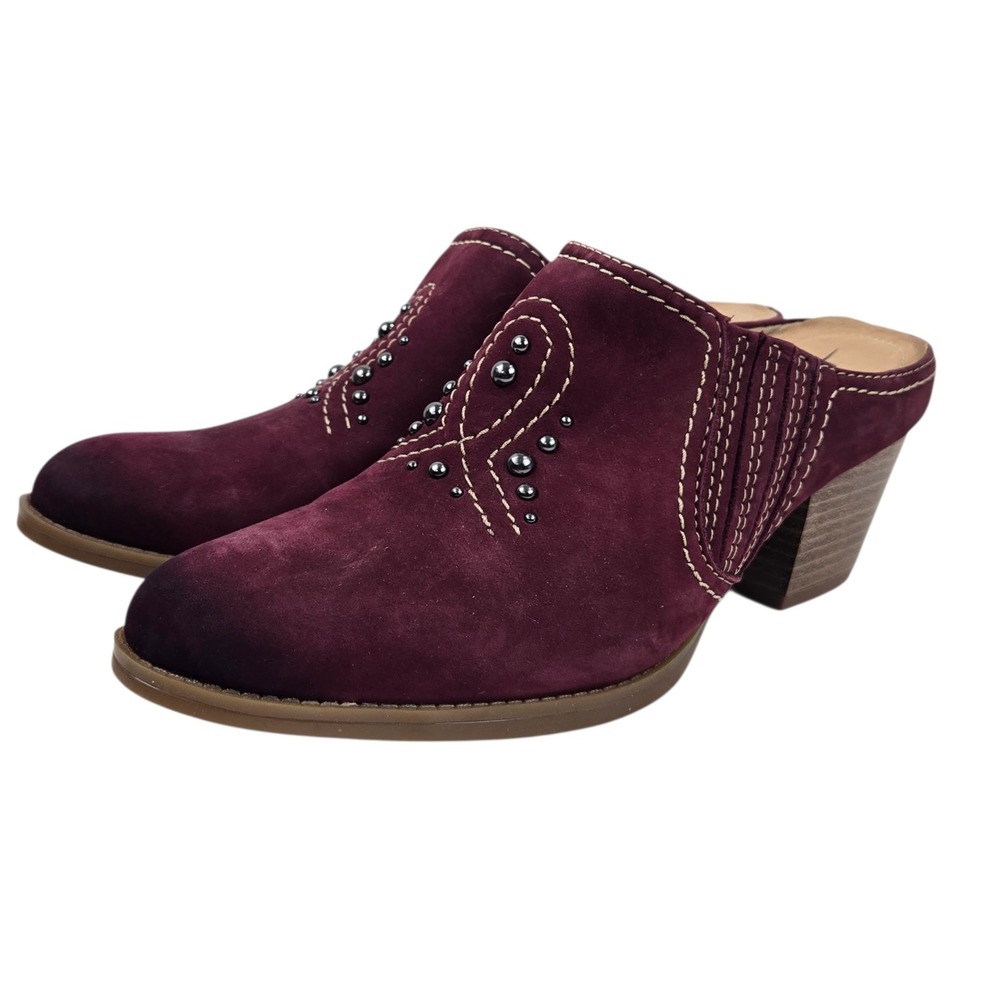 EARTH Mendon Burgundy Suede Western Studded Slip On Block Heel Mule Shoes Sz 7B